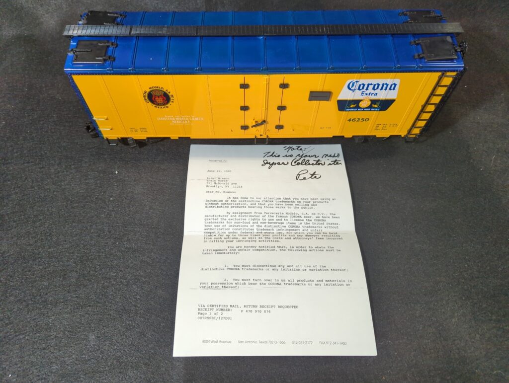 Las Vegas Train World - Train of the Day - REA-46250 Corona Beer Refrigerated Box Car w/ Corona Cease & Desist Letter