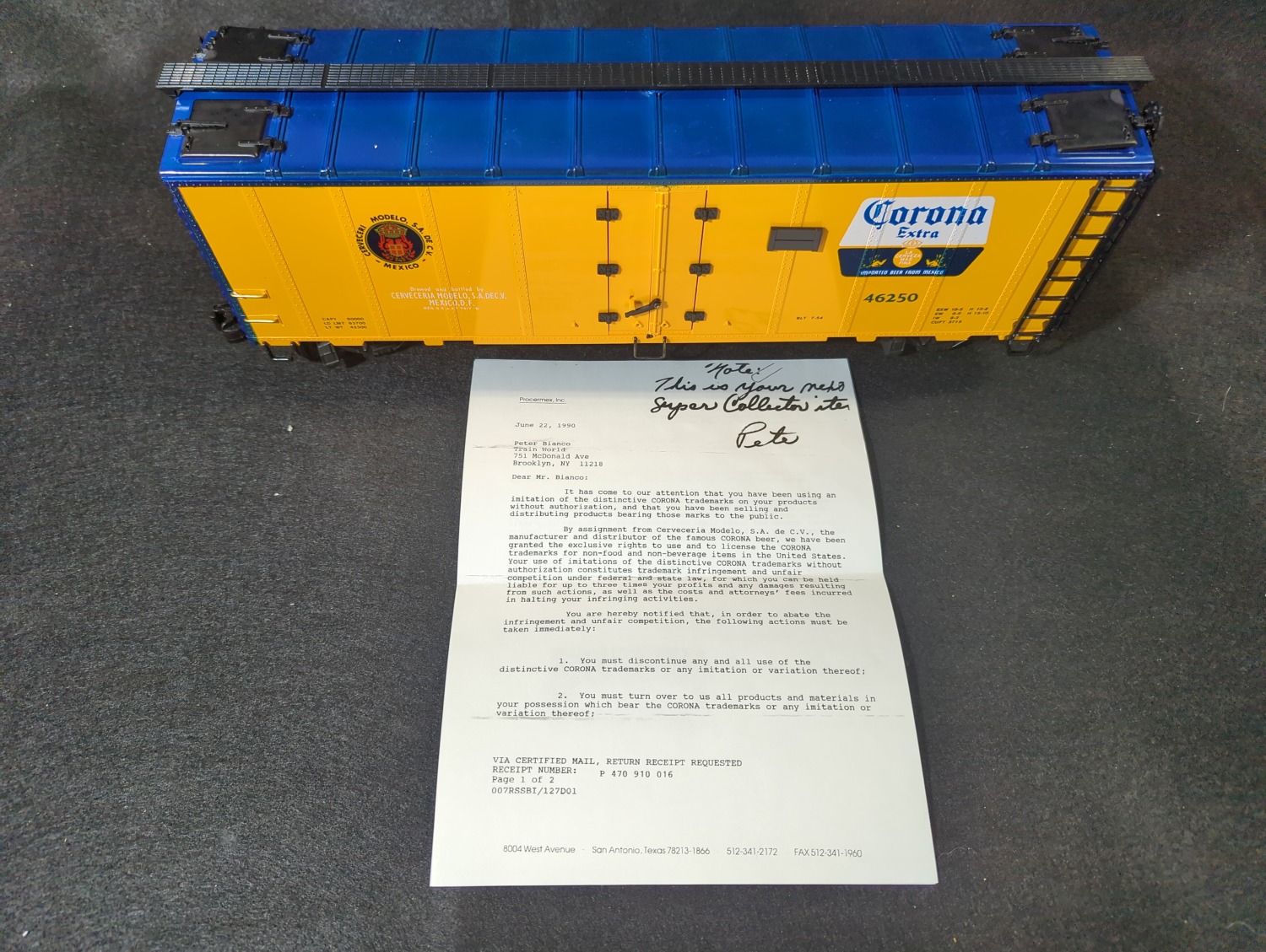 Las Vegas Train World – Train of the Day – REA-46250 Corona Beer Refrigerated Box Car w/ Corona Cease & Desist Letter – Train of the Day